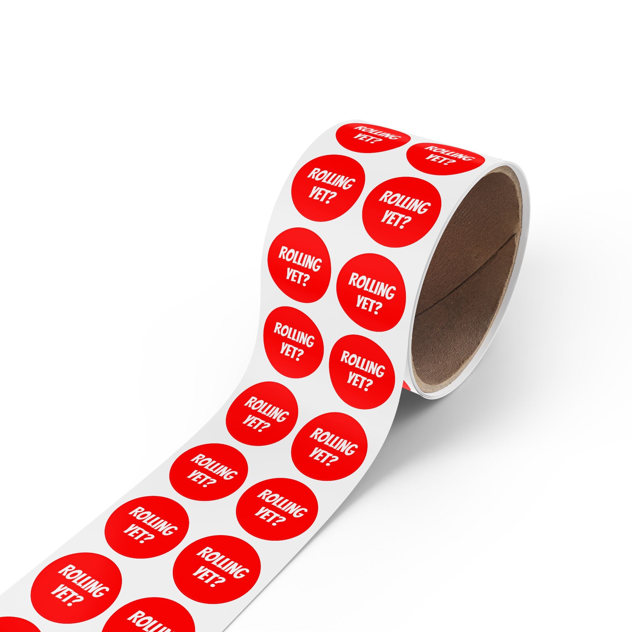 Round Sticker Roll — Red “ROLLING YET?” Label Stickers (Pack)