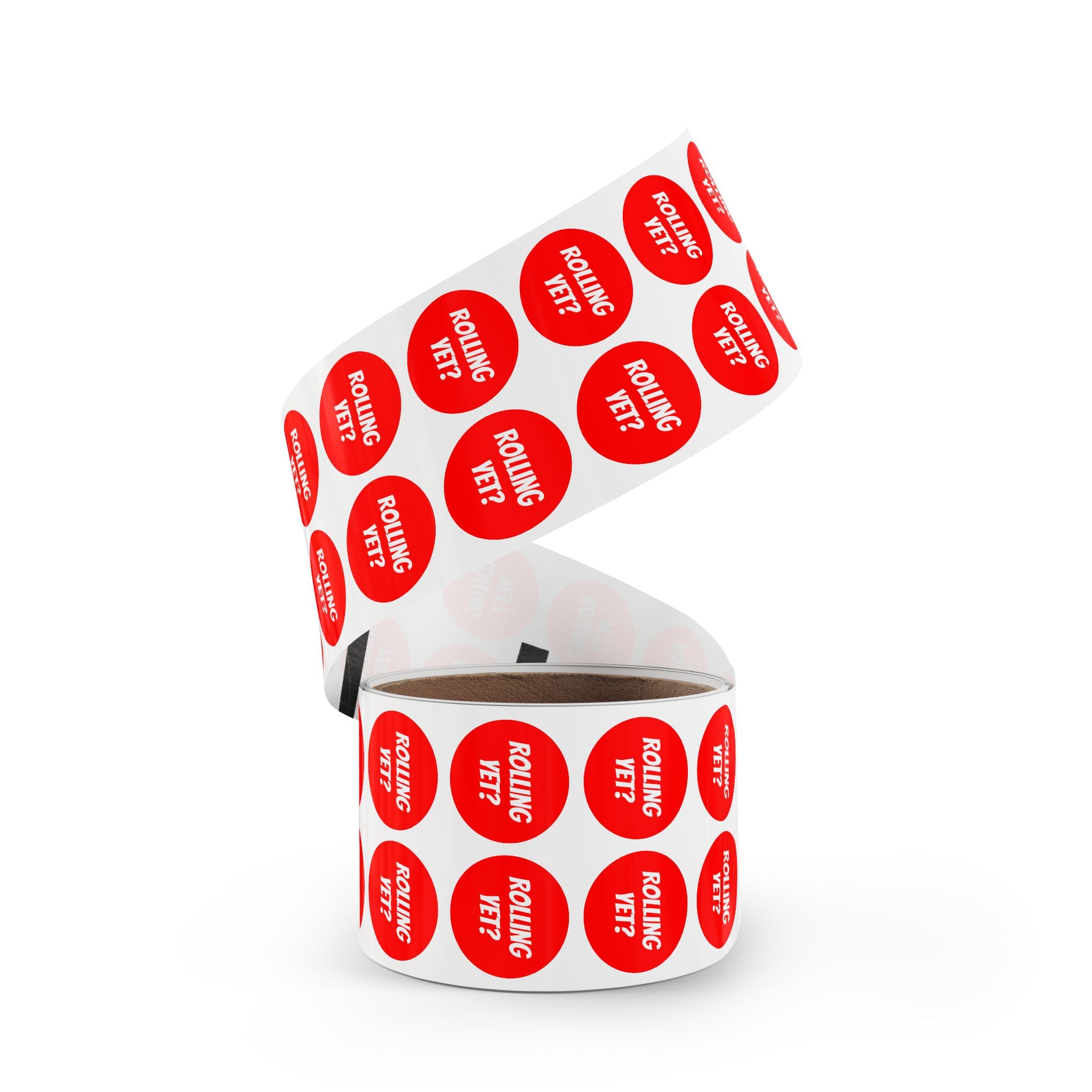 Round Sticker Roll — Red “ROLLING YET?” Label Stickers (Pack)